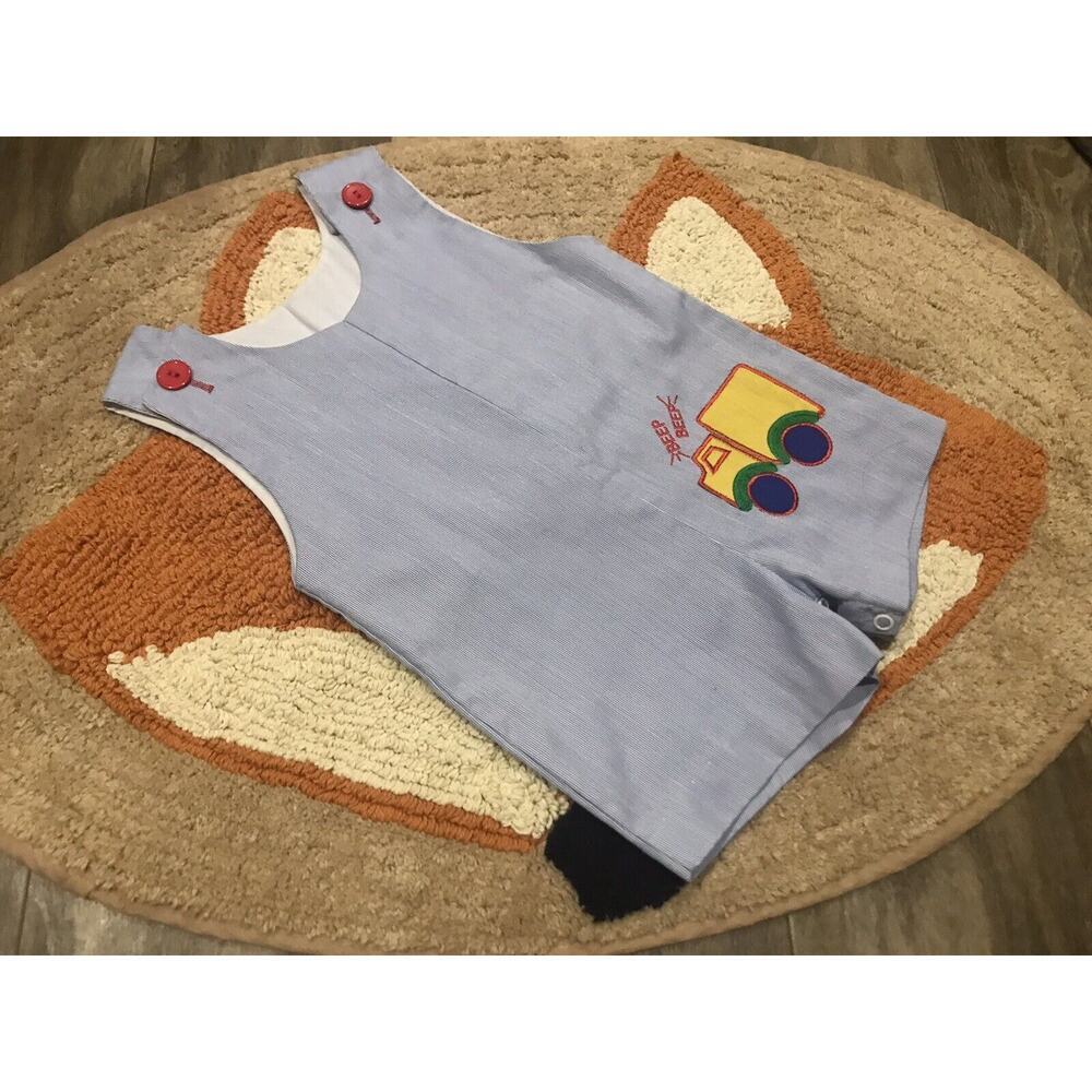 Alexis Boy 12M Blue Vintage 50s-70s Seersucker Embroidered Truck Romper